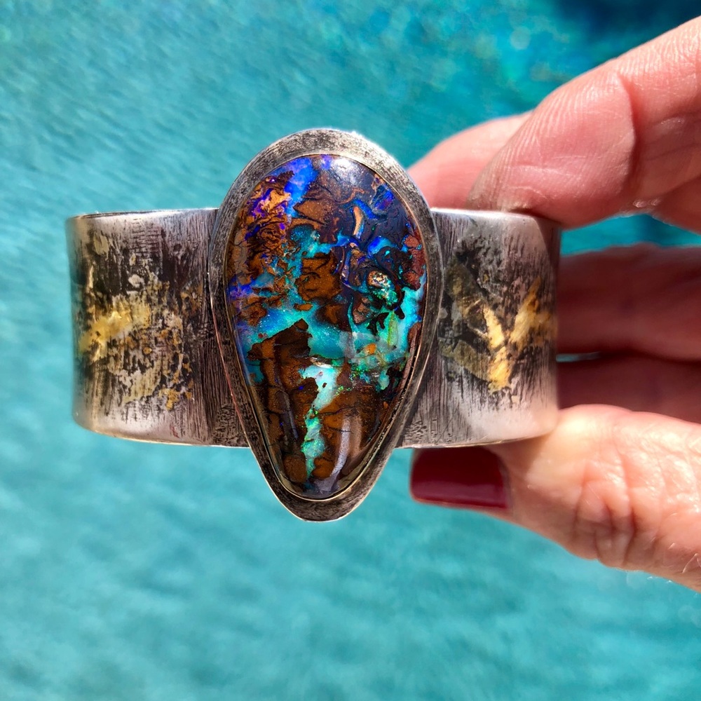 Sterling Silver, 14k gold, Boulder Opal Cuff - Picture 6 of 8